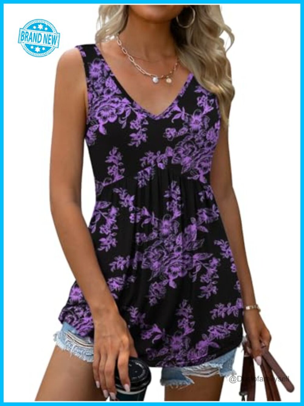 Women's Floral V-Neck Sleeveless Tank Top Loose Flowy Summer Blouse